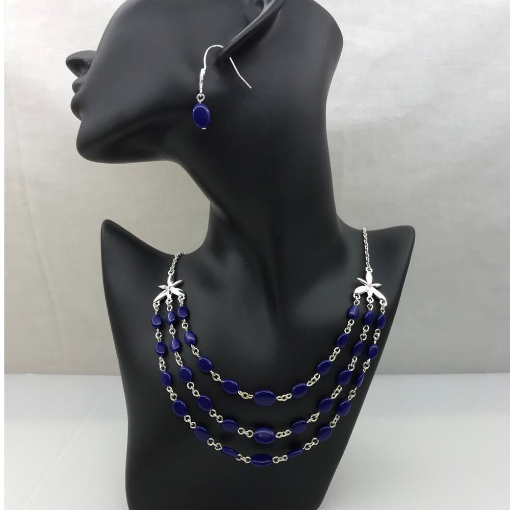 Retro Avon Royal Blue Beaded Floral Silver-Tone Necklace Earring Set